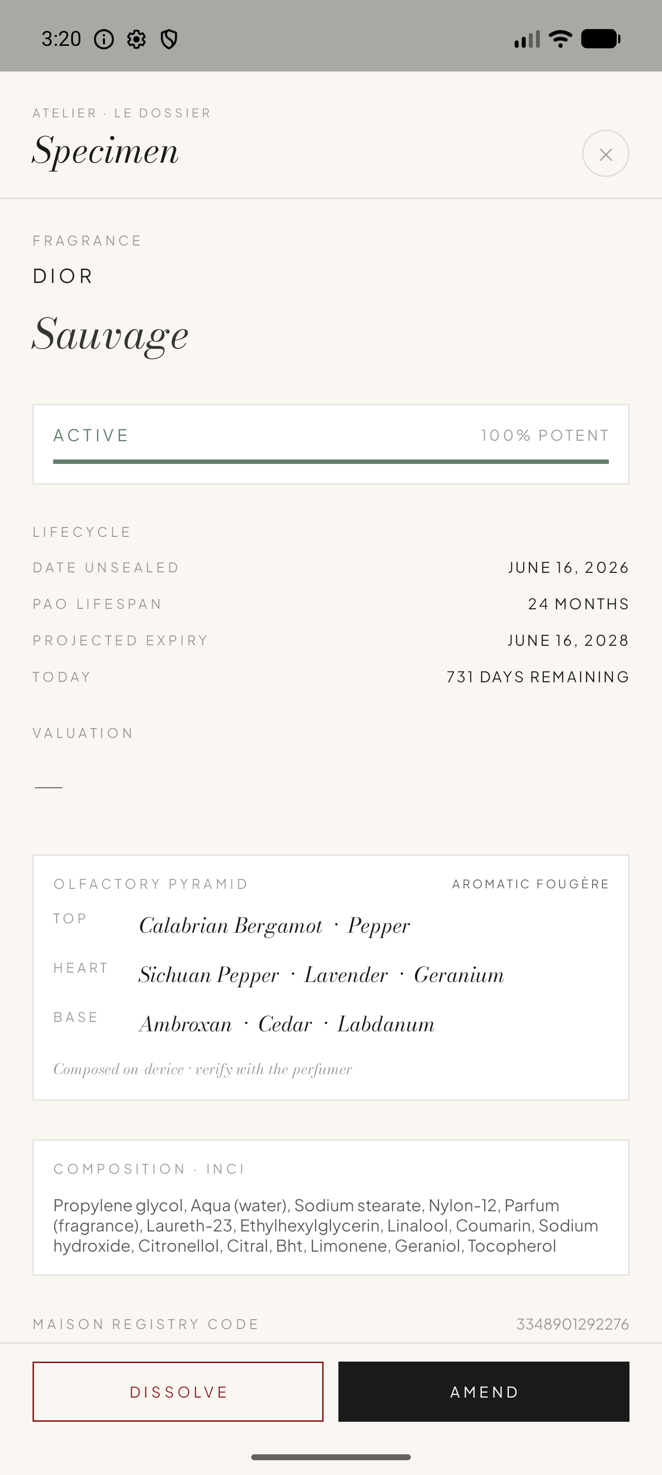 A fragrance specimen with its olfactory pyramid — top, heart, and base notes generated on device.