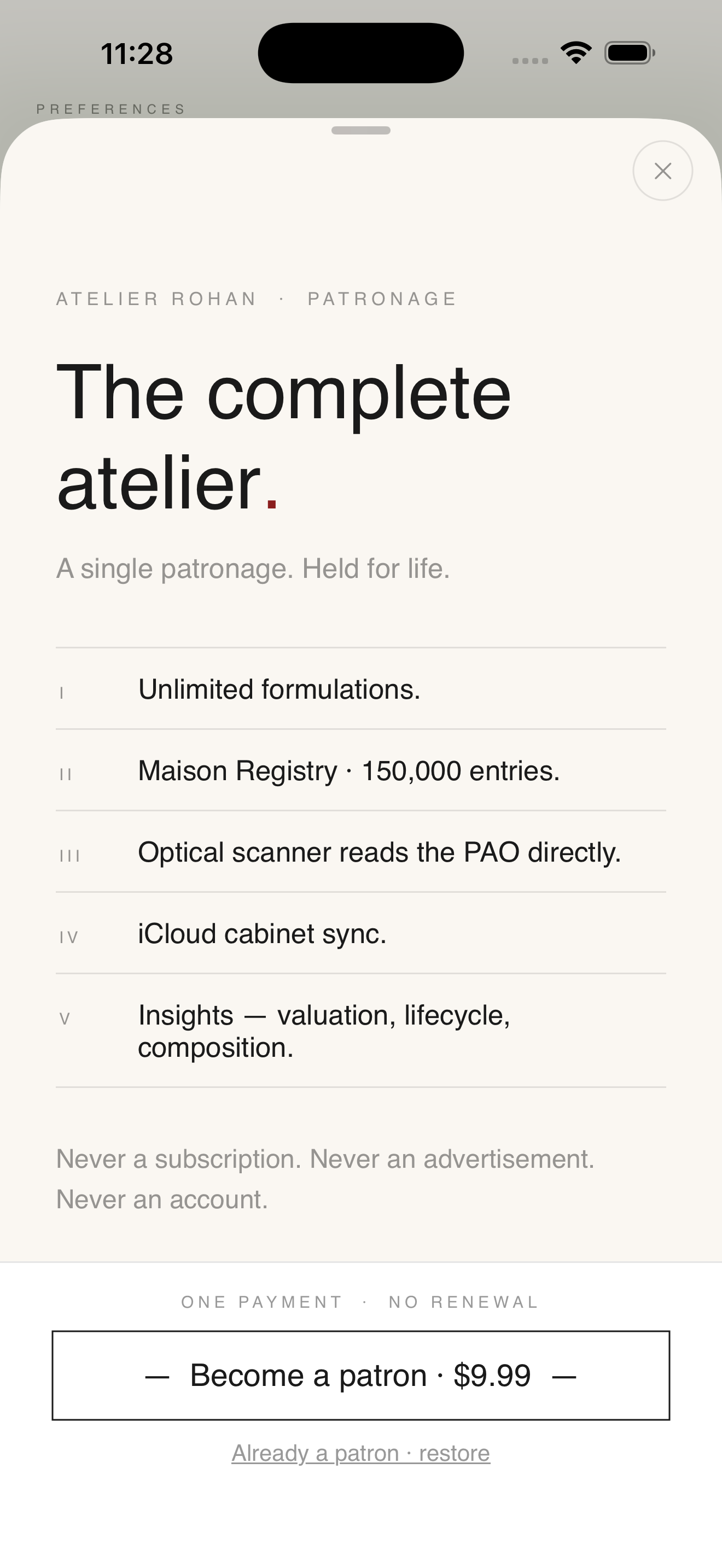 The Atelier Patron screen: a single patronage, held for life.