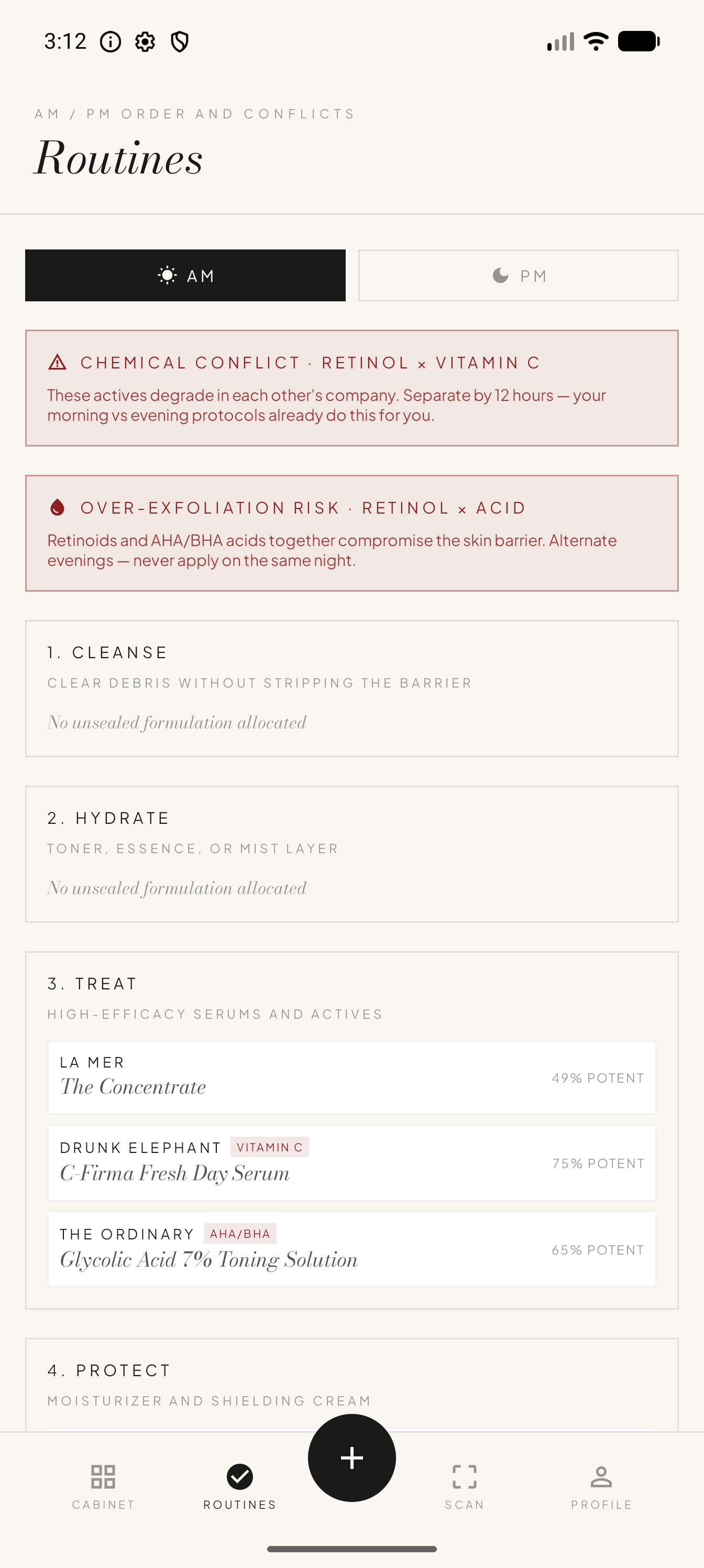 The routines screen flagging a retinol and vitamin C conflict.